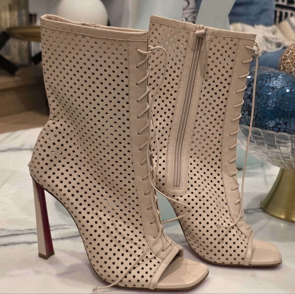 Women's Beige Perforated Lace-Up Peep-Toe Ankle Boots
